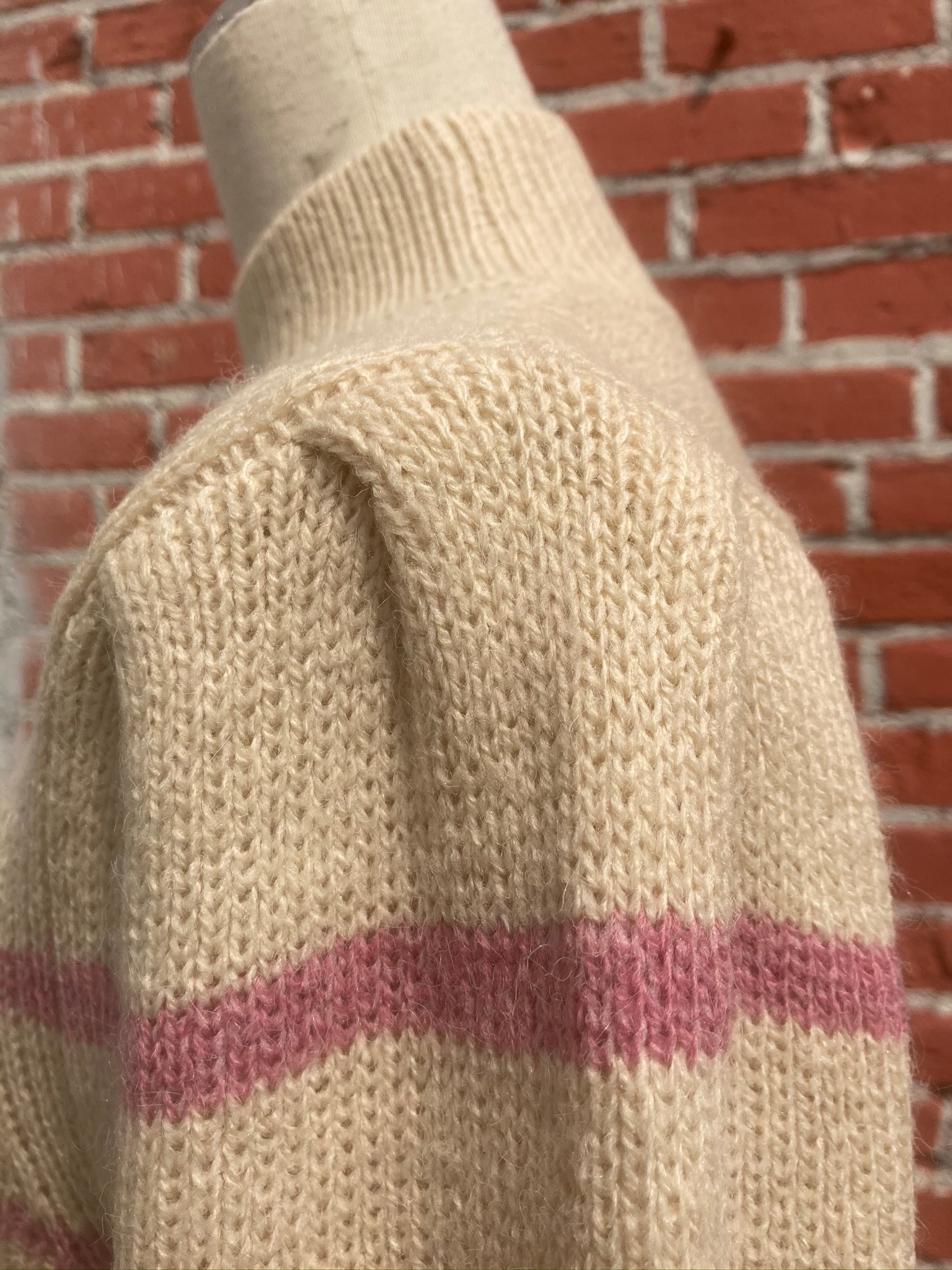 Pink and cream candy stripe  sweater with puff sleeves
