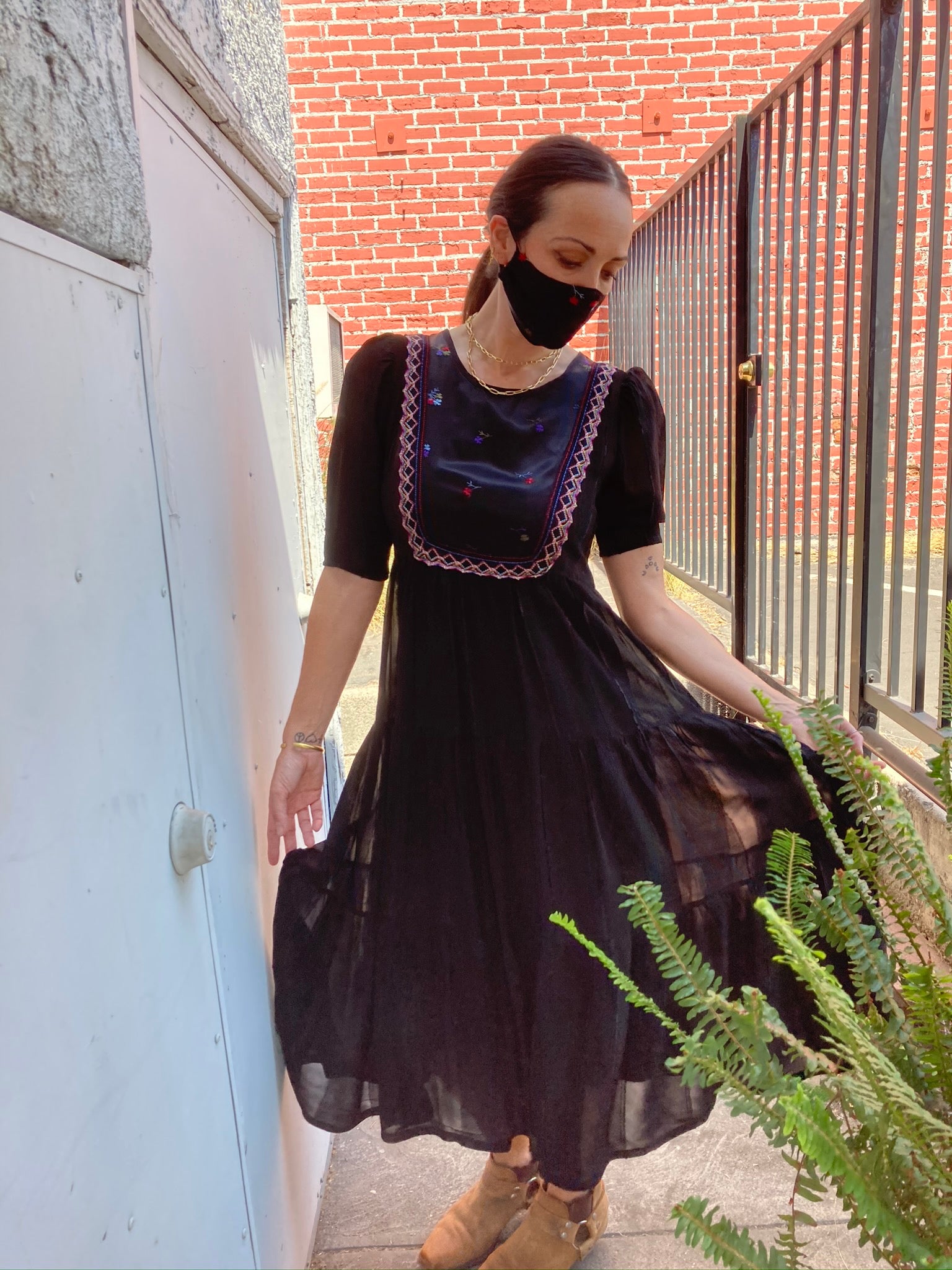 70’s style black smock dress with matching mask