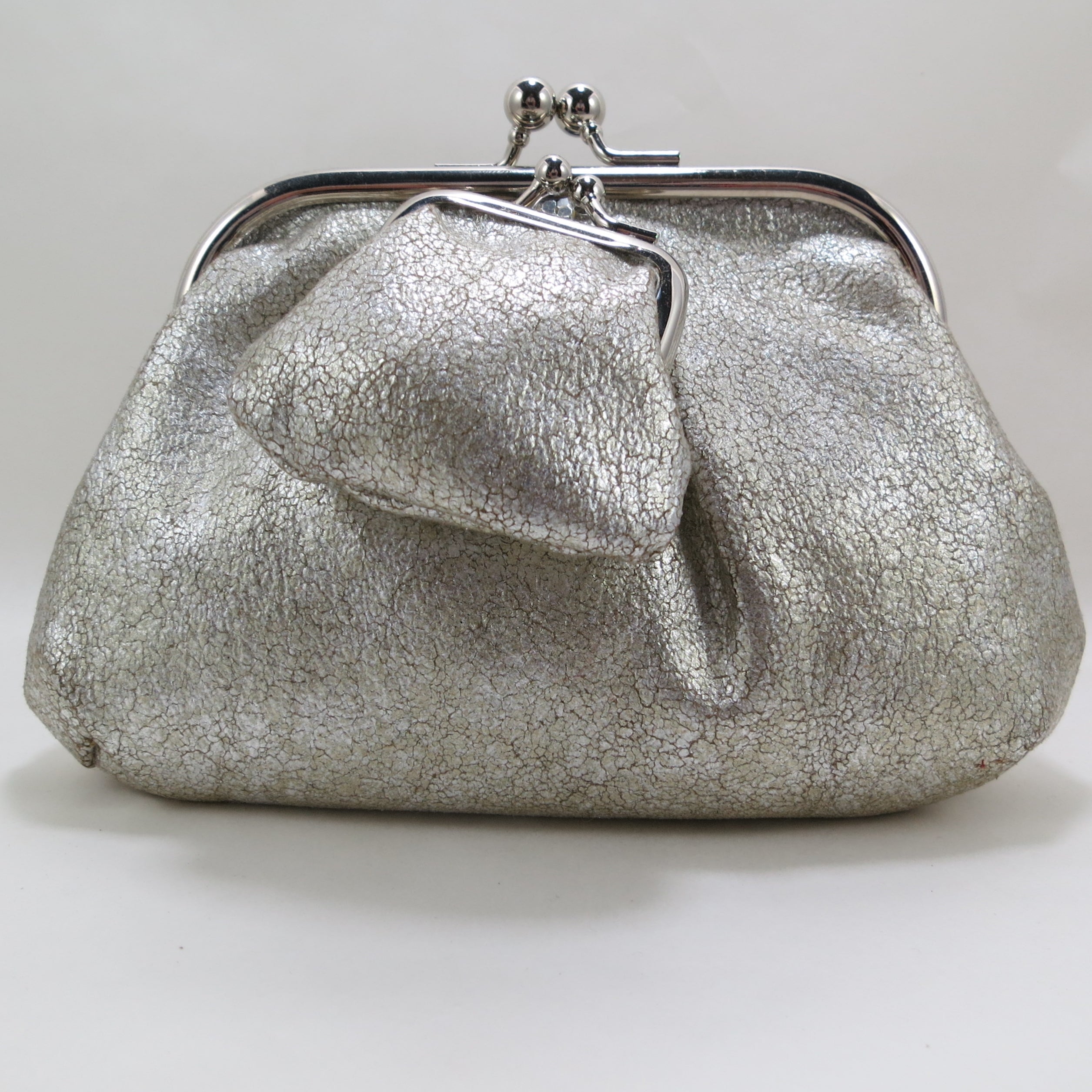 Small silver leather evening bag with coin purse by Liz Soto