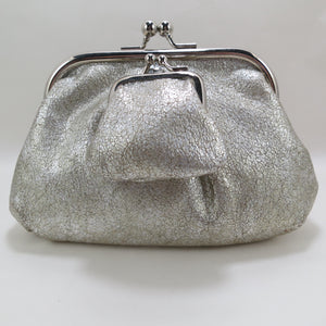 Small silver leather evening bag with coin purse by Liz Soto